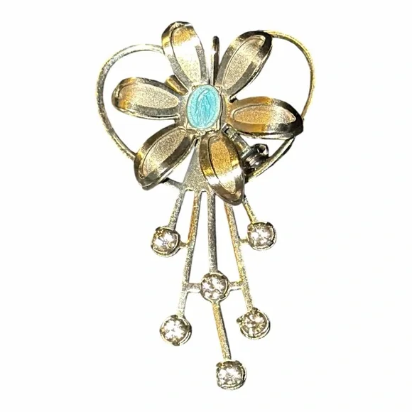 Vintage Madonna Cameo Flower Brooch Heart Rhinestone Dangle Pin - Picture 3 of 7
